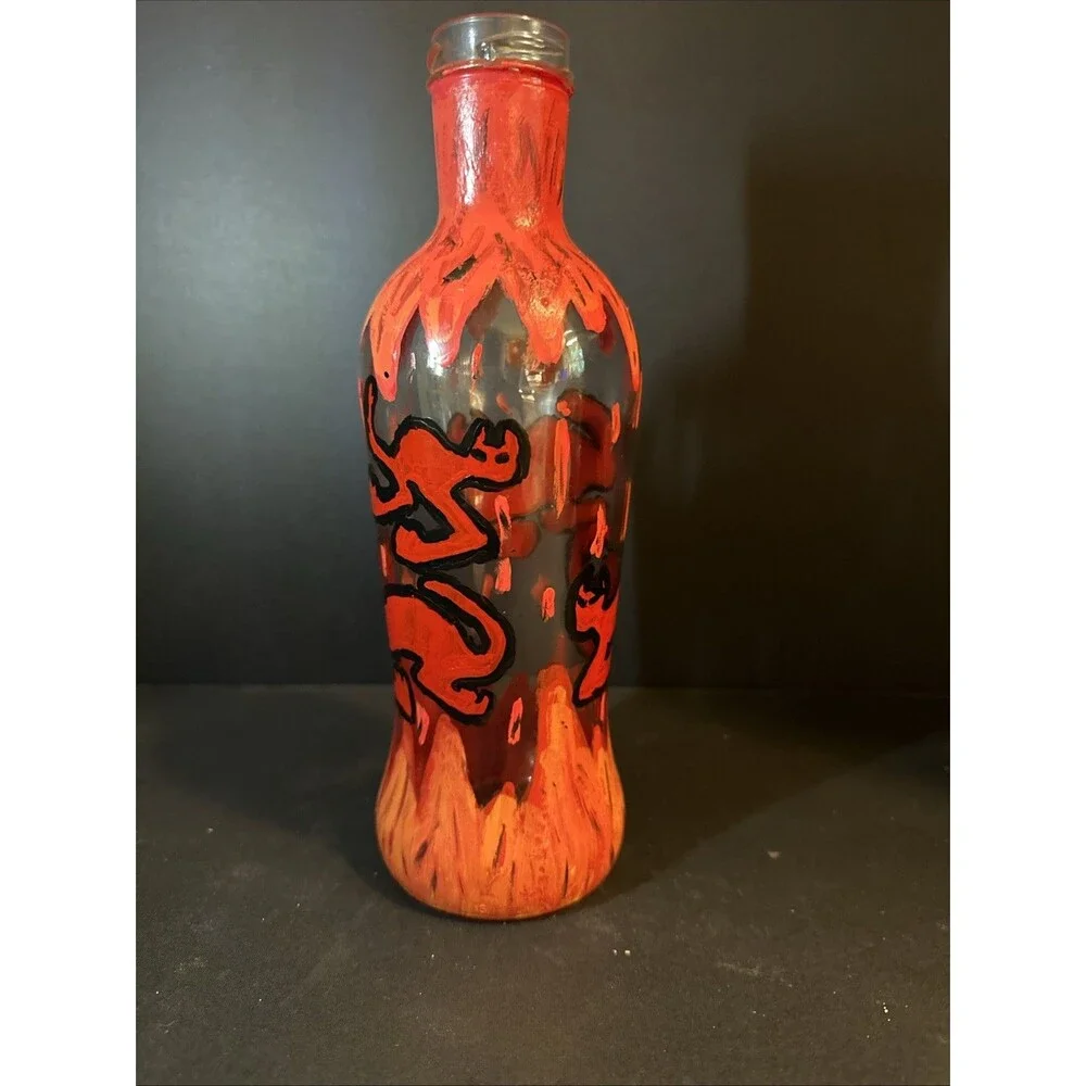 Hand‎ Painted Glass Bottle Vase Hell Fire Hounds Cats Devils Original Artwork